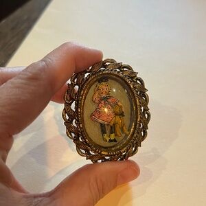 Vintage Brooch with 3D Girl and Teddy Bear!! No stamp